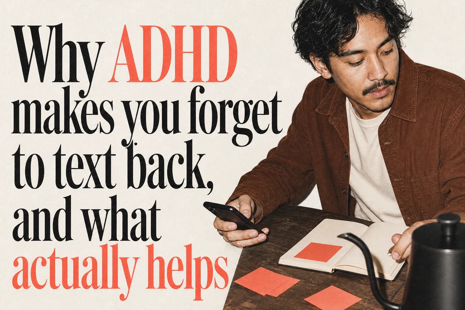 Why ADHD makes you forget to text back, and what actually helps editorial poster Why ADHD makes you forget to text back, and what actually helps. Companion editorial poster.
